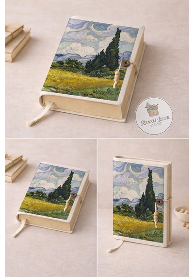 Kitap Kılıfı Ve Metal Kitap Ayracı Seti Van Gogh Selvi Ağaçlı Buğday Tarlası