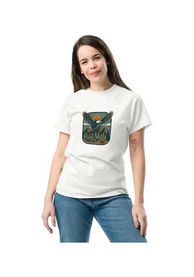 Wildstyle Kartal Renkli Vintage Yaban Hayat Doğa Dağ Rozet Baskılı Unisex Bisiklet Yaka Pamuklu Tişört Beyaz
