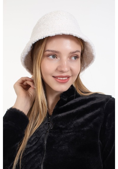 Ladycolor Şapka Kıvırcık Peluş Kumaş Bucket Modeli Krem Krem