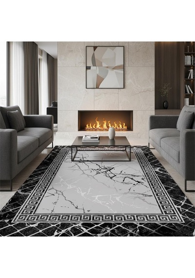 Siyah Gri Mermer Desenli Dijital Baskılı Halı Kaymaz Taban Modern Geometrik Çerçeve Salon Oda Halısı