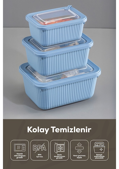 Vienev 3'lü Vip Dikdörtgen Mikrodalga Ve Difrize Uygun Saklama Kabı Seti Mavi 1x 1750,1050,600 Ml Mavi