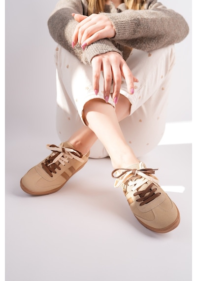 Muggo Taupe Çift Bağcıklı Günlük Kadın Sneaker Spor Ayakkabı Bej