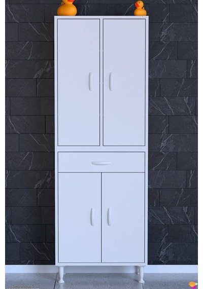 Yeni Afra 55 Cm 4 Kapaklı 10 Raflı Ve Çekmeceli Çok Amaçlı Banyo Dolabı Beyaz