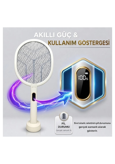 Dijital Ekranlı Şarjlı Sinek Raketi Usb Type-c Elektrikli Standlı El Tipi Mor Işıklı Sivrisinek Öldürücü Black