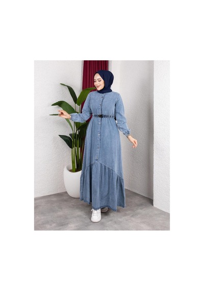 Hb Harma Time Butik Kadın Düğmeli Kuşaklı Denim Kot Mavi Elbise Mavi Mavi