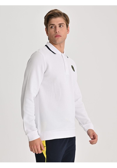 Fenerbahçe Beyaz Tribün Tek Renk Logolu Uzun Kollu Erkek Polo Tshirt