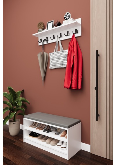 Asra Trend Puflu Ayakkabılık ve Askılık A-34 %100 MDF Minderli Portmanto Seti Beyaz Asra Trend Puflu Ayakkabılık ve Askılık A-34 %100 MDF Minderli Portmanto Seti Beyaz