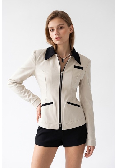 Mixray 2226 Kadın Astarlı Fileto Cepli Çift Fermuar Slim Fit Ceket Taş