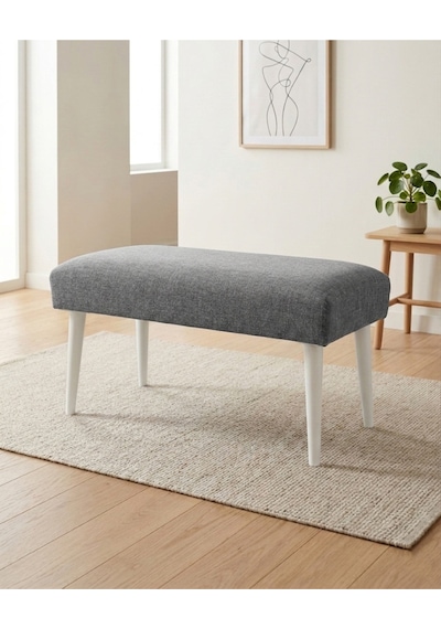 Gri Keten Kumaş Bench Puf 90x45x46 Cm Ahşap Beyaz Ayaklı Demonte Modern Yatak Ucu Bench Oturma Bankı Antre Koridor Pufu