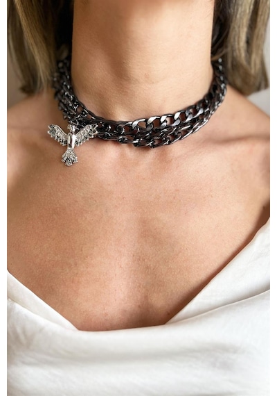 Gri Anka Detaylı Siyah Zincir Choker Kolye Krem