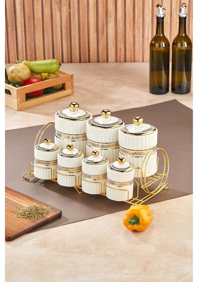 Cooker Marvella 7'li Standlı Porselen Baharatlık Seti Ckr3780 Beyaz