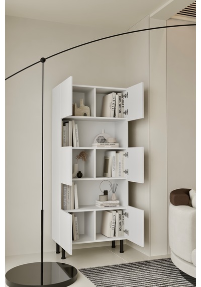 Hitit Kitaplık 175 Cm - Vitrin - Gümüşlük 100% Mdf Metal Ayak Beyaz