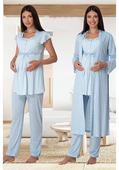 Effortt Dvina Lohusa Hamile Desenli Sabahlıklı Ve Kısa Kollu Pijama Takımı -3'lü Set - Mavi Mavi