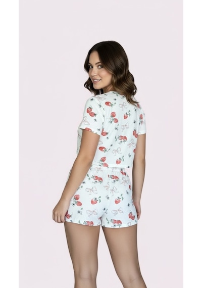 Merlot T-shirt Şort Örme Pijama Takımı Beyaz