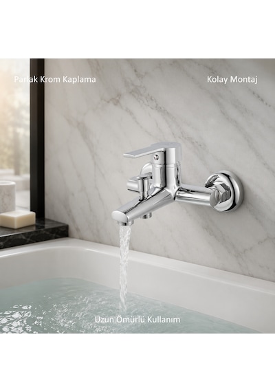 Delta Krom Banyo Bataryası - Pirinç Gövde Çift Çıkışlı Duvara Montaj Duş Musluğu