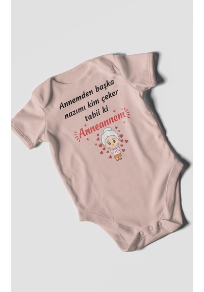 Annemden Başka Nazımı Kim Çeker Tabiki Annanem V2 Baskılı Bebek Zıbını Çıtçıtlı Body Kısa Kol Pastel Pembe