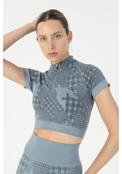 Maraton Slimfit Kadın Bisiklet Yaka Mavi Crop Top Mavi