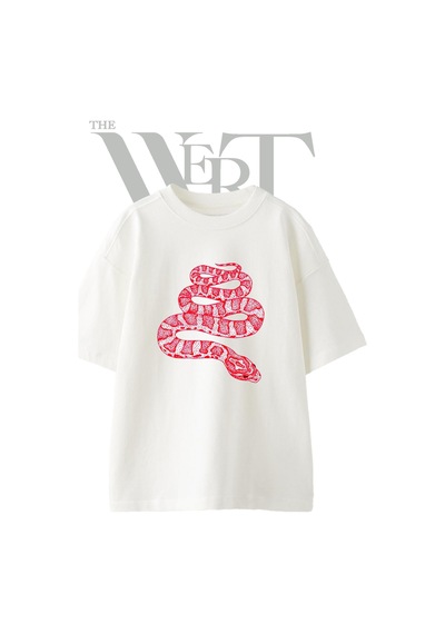 Thewert Kirmizi Yilan Tasarım Baskılı Ünisex Beyaz Oversize T-shirt