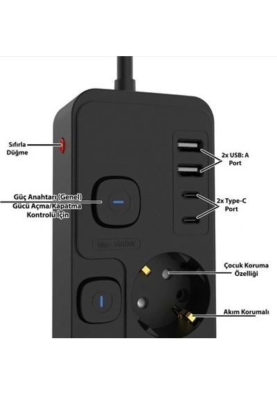 Akım Korumalı 4 Lü Priz 2xusb 2xtype-c Çıkış Yüksek Gerilim Koruma Priz Çoğaltıcı 0