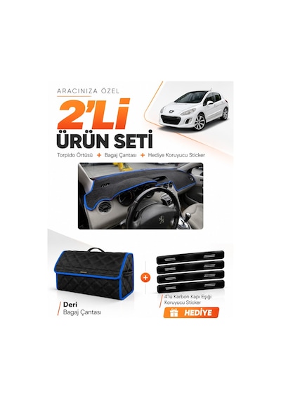 Peugeot 308 2008-2014 Uyumlu Torpido Örtüsü + Deri Bagaj Çantası + Sticker Seti - Siyah Mavi