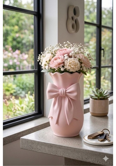 3d Baskı Fiyonklu Dekoratif Vazo Pembe 17x10 Cm Pembe
