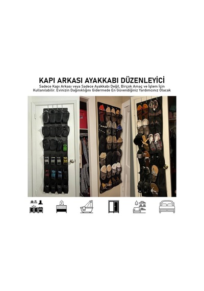 Valkyrie Kapı Arkası Ayakkabı Organizer 24 Gözlü Askılı Dolap İçi Düzenleyici 4 Kancalı Siyah siyah