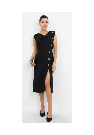 Dorne Moda Degaje Yaka Yırtmaçlı Midi Elbise Siyah Siyah