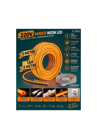 5 Metre Amber 220v Neon Led Şerit ,tak Çalıştır Set, Fişli Anahtarlı Esnek Şerit Led, ,turuncu Led,mutfak,tezgah Ledi,led Şerit Işık ,ambiyans Işık Havuzu, Kendinden Yapışkanlı,kehribar Led
