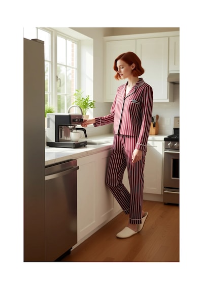 Ersefa Kadın Gömlek Yaka Çizgili Pamuklu Pijama Takımı Penguen Detaylı F Kırmızı