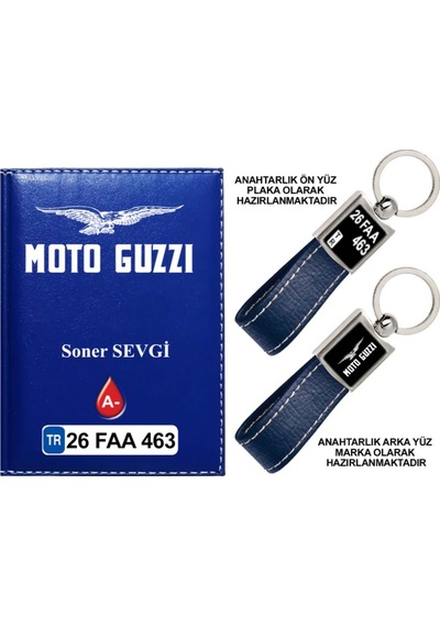 Plakanıza Özel Motoguzzi Logolu Lacivert Ruhsat Kabı Ve Anahtarlık
