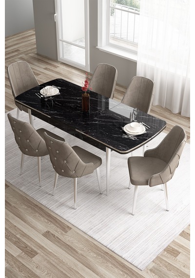 Canisa Tia Serisi 80x132 Mdf Açılabilir Siyah Mermer Desen Krom Detay Mutfak Masası Ve 6 Cappucino Sandalye Masa Siyah Mermer Desen Sandalye Cappucino Canisa Tia Serisi 80x132 Mdf Açılabilir Siyah Mermer Desen Krom Detay Mutfak Masası Ve 6 Cappucino Sandalye Masa Siyah Mermer Desen Sandalye Cappucino