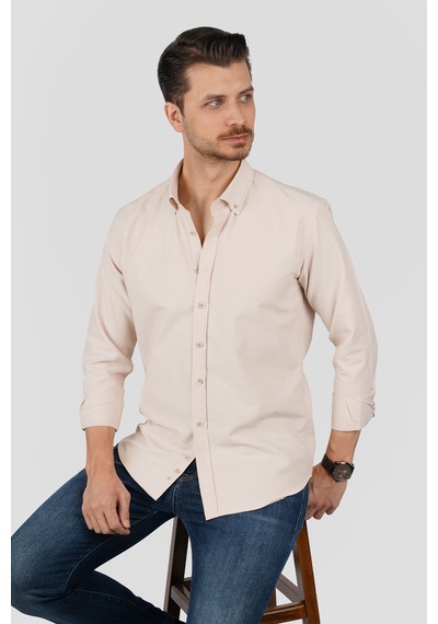 Bej Yaka Düğmeli Premium Şamre Slimfit Erkek Gömlek Bej