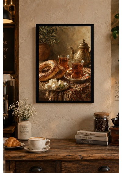 Çay Ve Ekmek Sofrası Desenli Dekoratif Mdf Tablo, Çerçeve Görünümlü Ahşap Poster