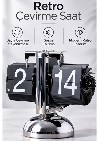 Exenar - Siyah - Masaüstü Mekanik Sayfa Çevirmeli Retro Saat Vintage Minimalist Yaprak Masa Saati Paslanmaz Çelik Gri - Siyah Exenar - Siyah - Masaüstü Mekanik Sayfa Çevirmeli Retro Saat Vintage Minimalist Yaprak Masa Saati Paslanmaz Çelik Gri - Siyah
