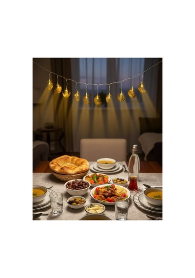 Minareli Hilal Led Işık Gold Metal Gövdeli Pilli Ramazan Dekoru Renkli Renkli