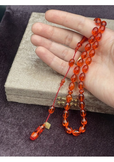 Ali Fidan İmzalı El Boy Badem Kesim Turuncu Amber Ateş Kehribar Tesbih 7x10 Mm