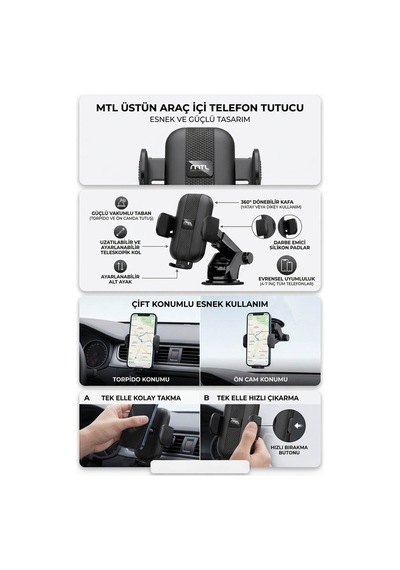Uzatılabilir Kol Araç İçi Dayanıklı Güçlü Vantuzlu Telefon Tutucu Kilitli 360 Döner Başlık Mt6068 Siyah