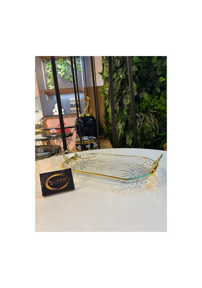 Timeless Gold Yaldızlı, Gold Metal Kulplu Dekoratif Sunumluk Tepsi, Kayık Tabak