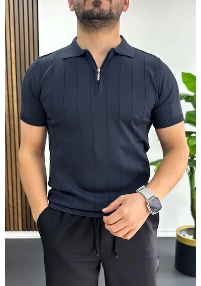 Erkek Slim Fit Fermuarlı Polo Yaka Tişört Lacivert Edw452 Lacivert