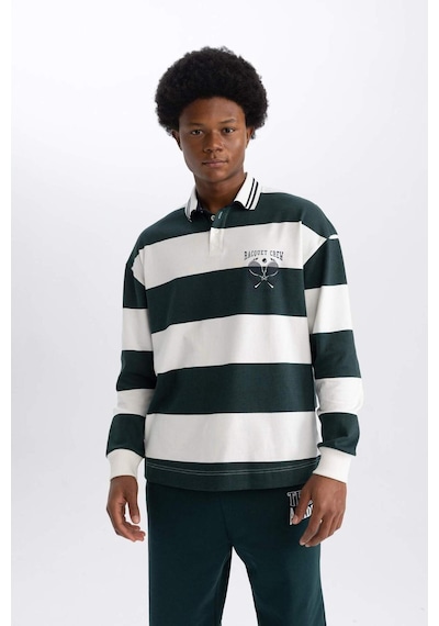 DeFactoFit Boxy Fit Çizgili Uzun Kollu Polo Tişört A9874AX23WNGN796