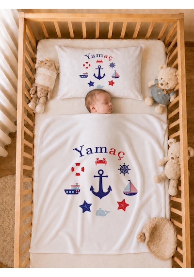 Pia Baby İsme Özel Erkek Bebek Tulum Seti %100 Pamuk Organik Baskılı Yastık Kılıfı Ve Battaniyeli Tulum 2089tybyx Ekru