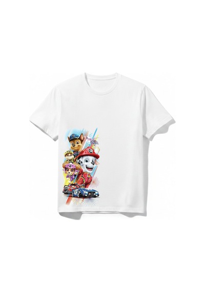 Urbantrendstore Paw Patrol Takım Özel Tasarım Unisex Kız Çocuk Erkek Çocuk Bisiklet Yuvarlak Yaka Basic Kısa Kollu %100 Pamuk Tişört Beyaz
