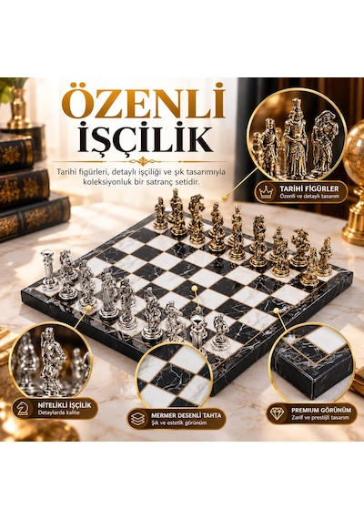 Lüks Metal Satranç Takımı Osmanlı Bizans Figürlü Krom Siyah Mermer Desenli 20x20 Premium Hediye Seti