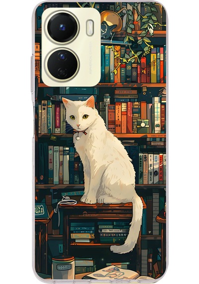Vivo Y16 Uyumlu Kitaplık Beyaz Kedi Tasarımlı Baskılı Silikon Kılıf Renkli
