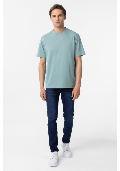 Süvari Yeşil Slim Fit Armürlü Bisiklet Yaka Tişört