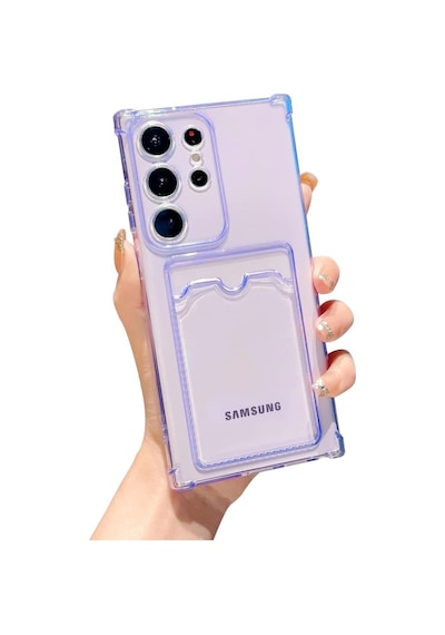 Samsung Galaxy S21 Ultra Uyumlu Kılıf Extra Köşe Korumalı Kartlıklı Cüzdanlı Silikon Kapak Lila
