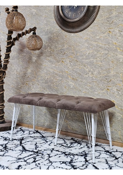 Zafir Metal Beyaz Tel Ayaklı 100 Cm Puf Bench - Puf - Bench - Oturak - Mutfak Oturağı - Antre Oturağı Kahverengi