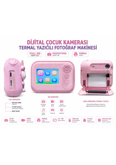 Cmr101 Dijital Çocuk Kamerası Print Kamerası 1080p Full Hd Termal Yazıcılı 2.0 Ekranlı Pembe