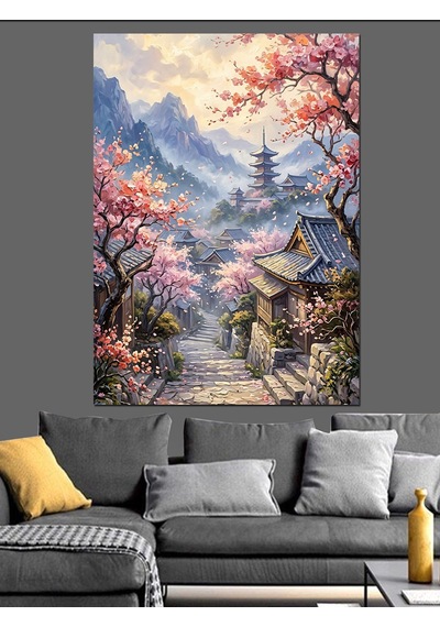 Sakura Dalları Arasında Japon Köyü Dekoratif Kanvas - Mdf Ahşap Tablo