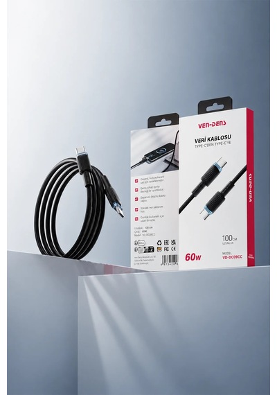 Ven-dens Vd-dc09cc 60 W Pd Type-c To Type-c Hızlı Şarj Ve Veri Kablosu, 1 Metre, Örgü Kaplama, Siyah